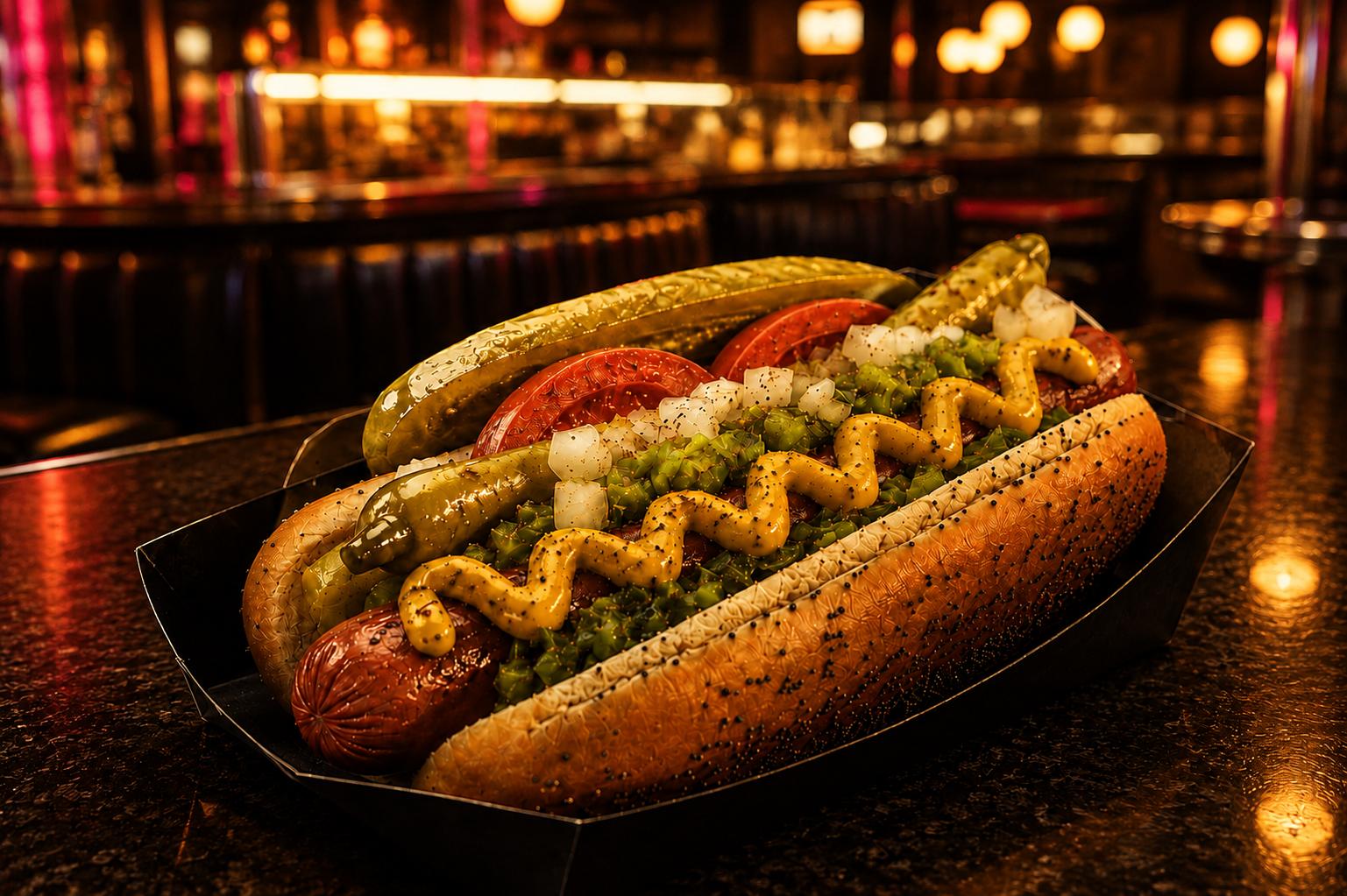 Zwei reichhaltig belegte Hot Dogs