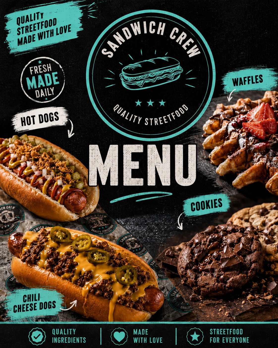Auswahl aus Hot Dogs, Waffeln und Cookies der Sandwich Crew