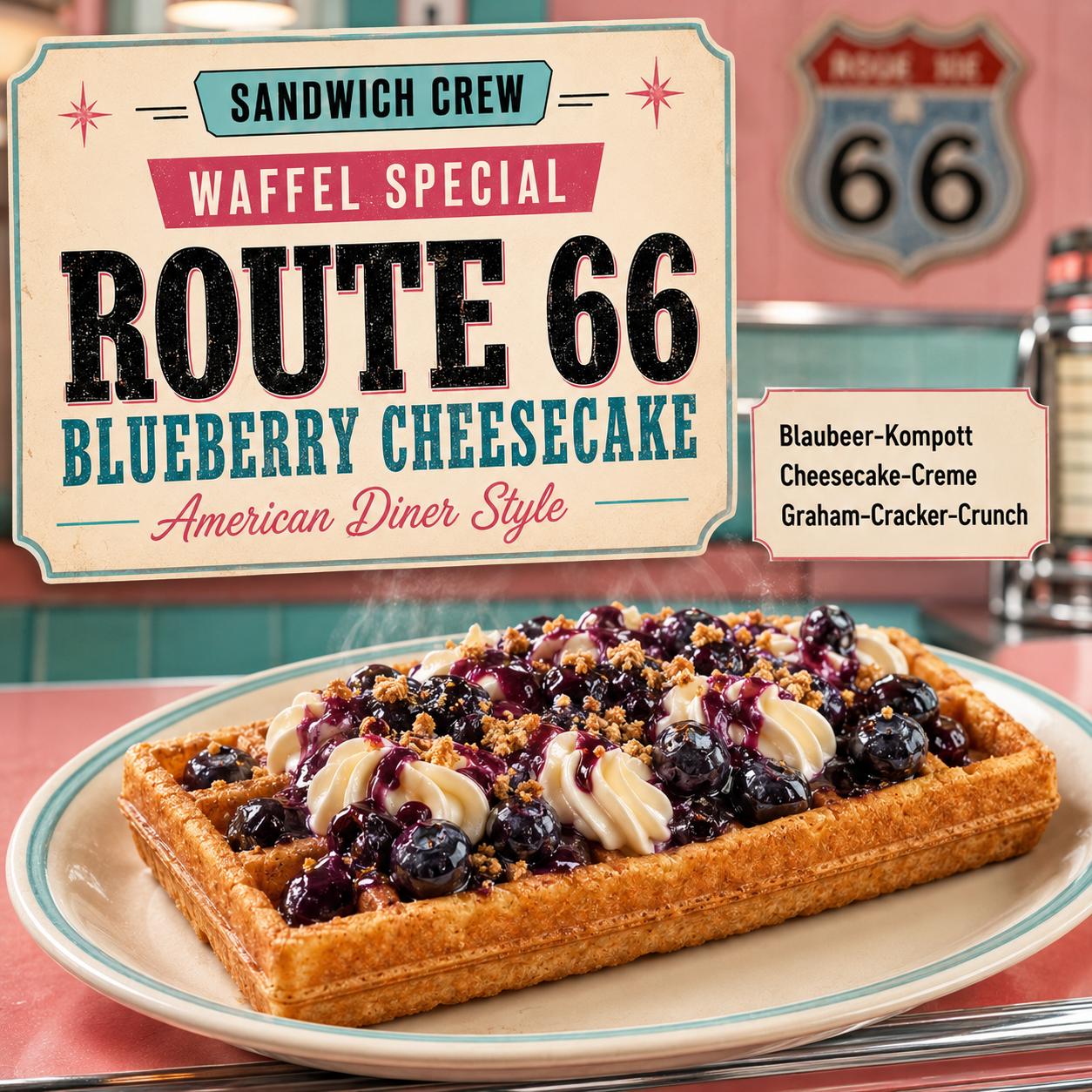Route 66 Waffel mit Blaubeeren, Cheesecake-Creme und Crunch