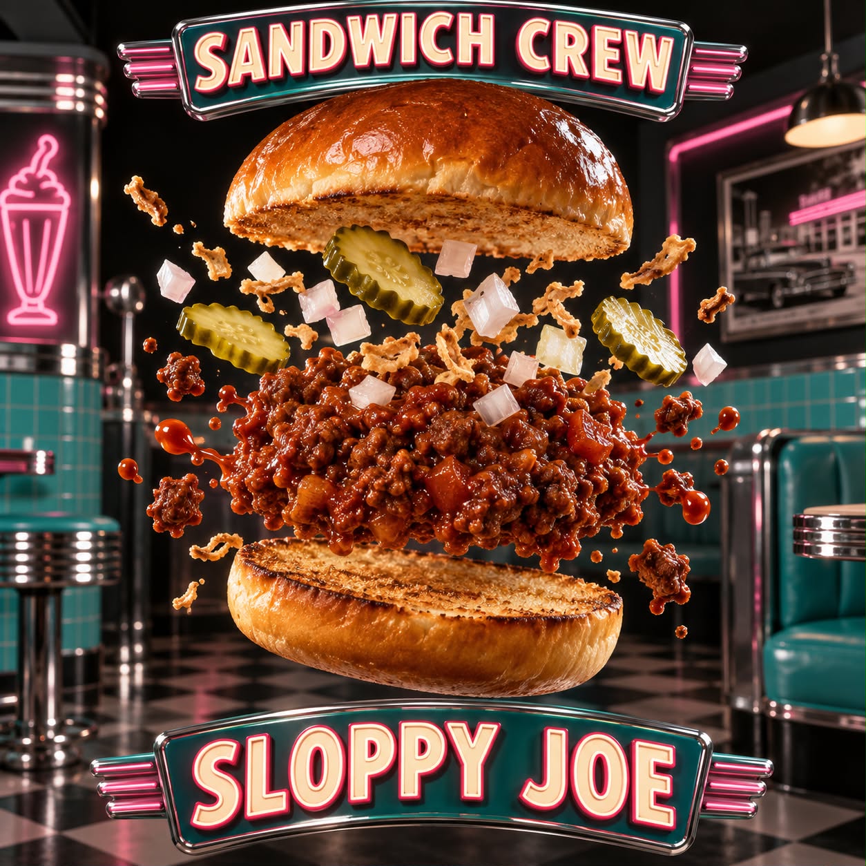 Explodierendes Sloppy-Joe-Sandwich mit würziger Füllung, Gurken und Zwiebeln